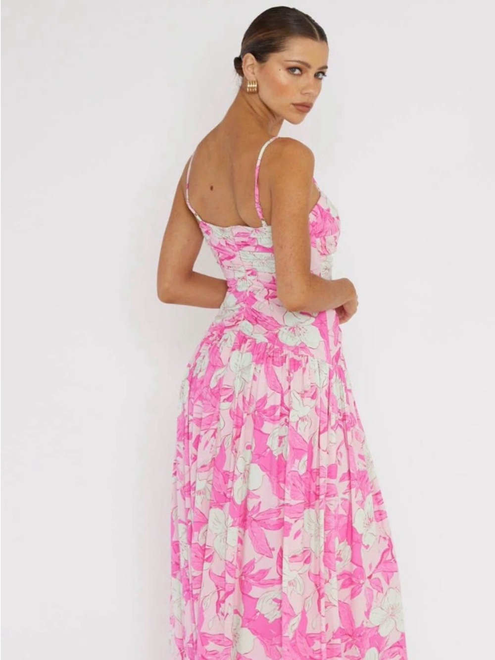 Pink Floral Tiered Maxi Dress with Spaghetti Straps